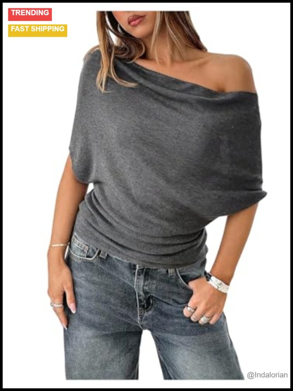 Off The Shoulder Bat Wing Short Sleeve Pullover Sweater Loose Fit Knit Jumper